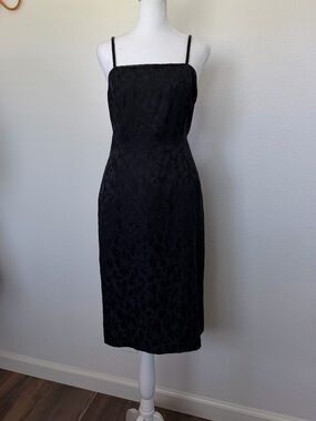 VTG Silk Studio Black Square Neck Silk Brocade Midi Dress - Beaded Straps Sz. 10